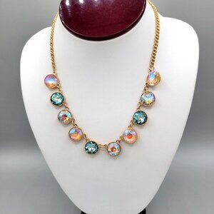 Gold Tone Metal Necklace Iridescent & Aqua Glass Beads 16 Inch Adjustable Chain